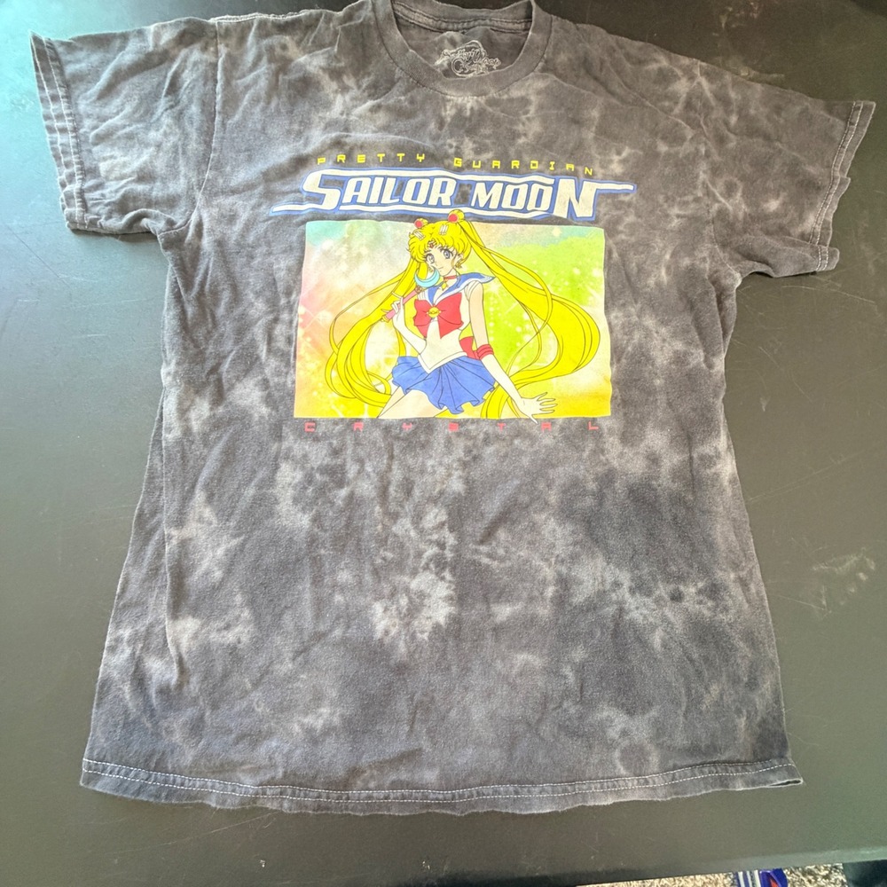 Sailor Moon Crystal Graphic Tie Dye T Shirt Women M Gray Acid Wash Anime Indie